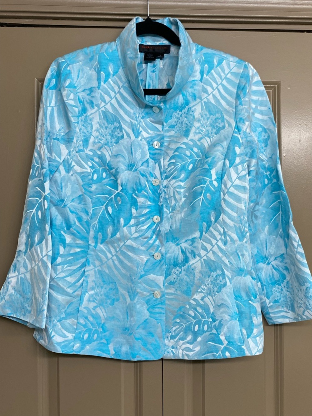 Nina Mclemore Floral Blue ABSTRACT JACQUARD SHIRT TUNIC Sz 8